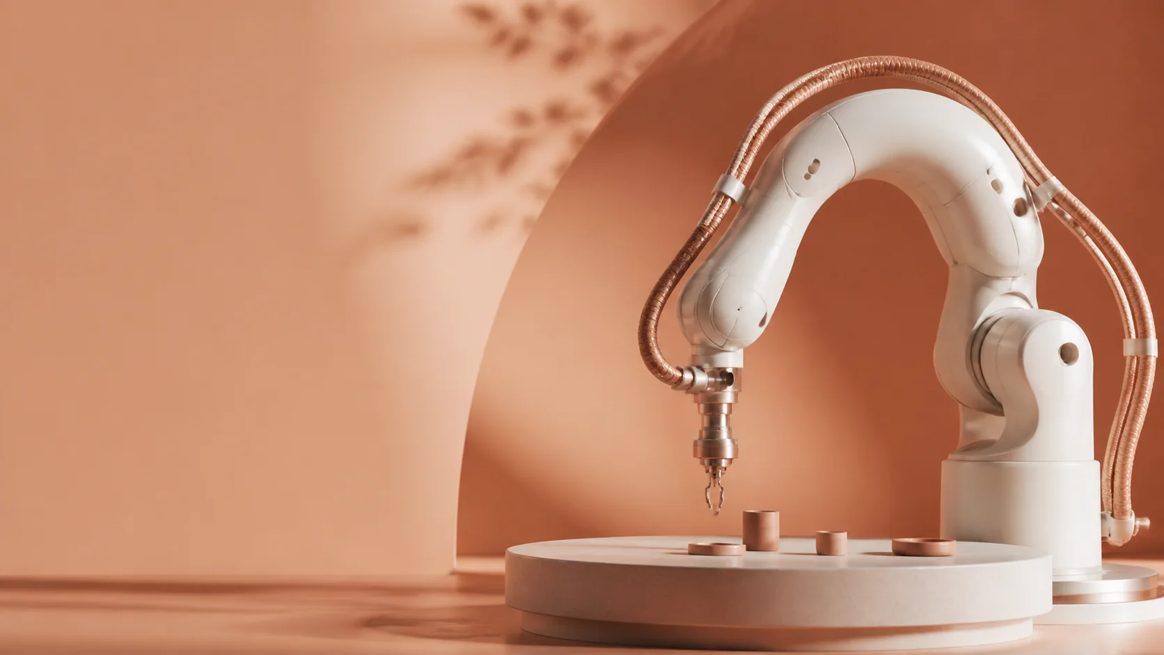 Fictional white industrial robot in a warm terracotta studio